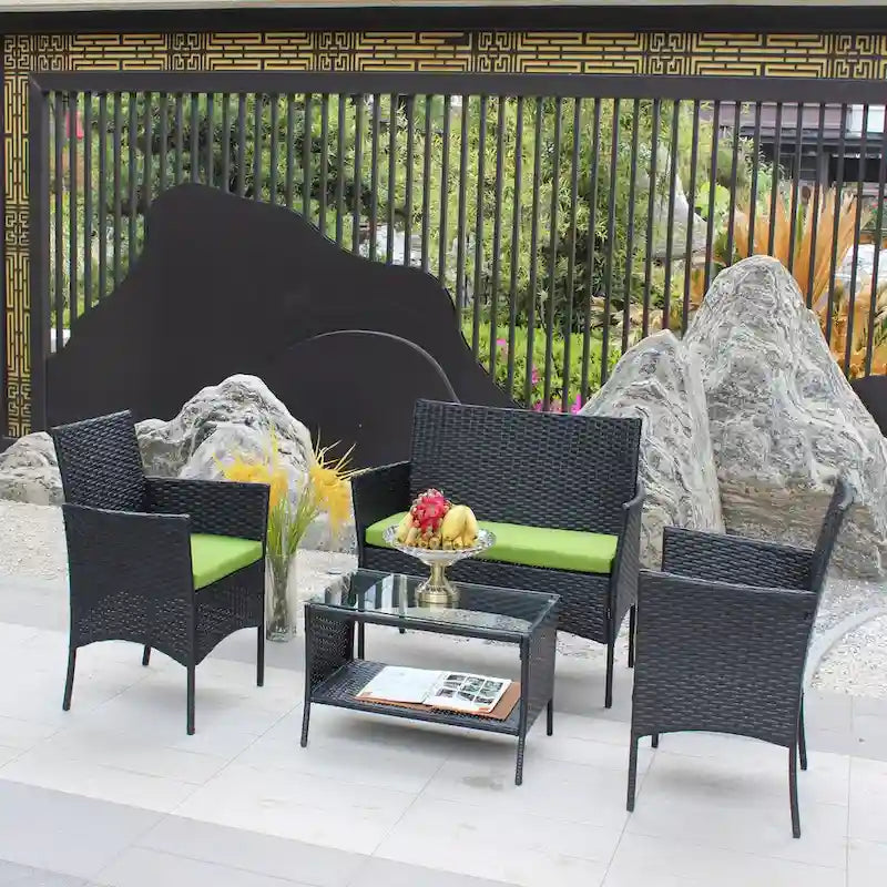 Salon de jardin 4 pièces en rotin pour l'extérieur avec coussins et canapé en osier