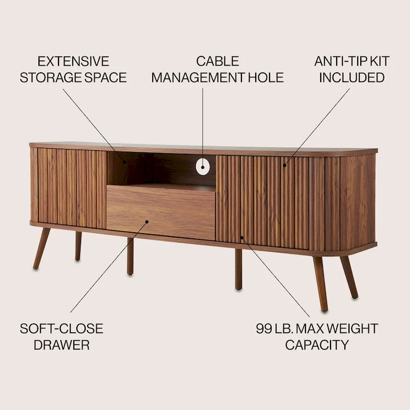 Meuble TV incurvé de ferme Finley de 178 cm avec tiroir et portes de rangement, compatible avec les téléviseurs jusqu'à 190,5 cm, avec gestion des câbles, par JONATHAN Y