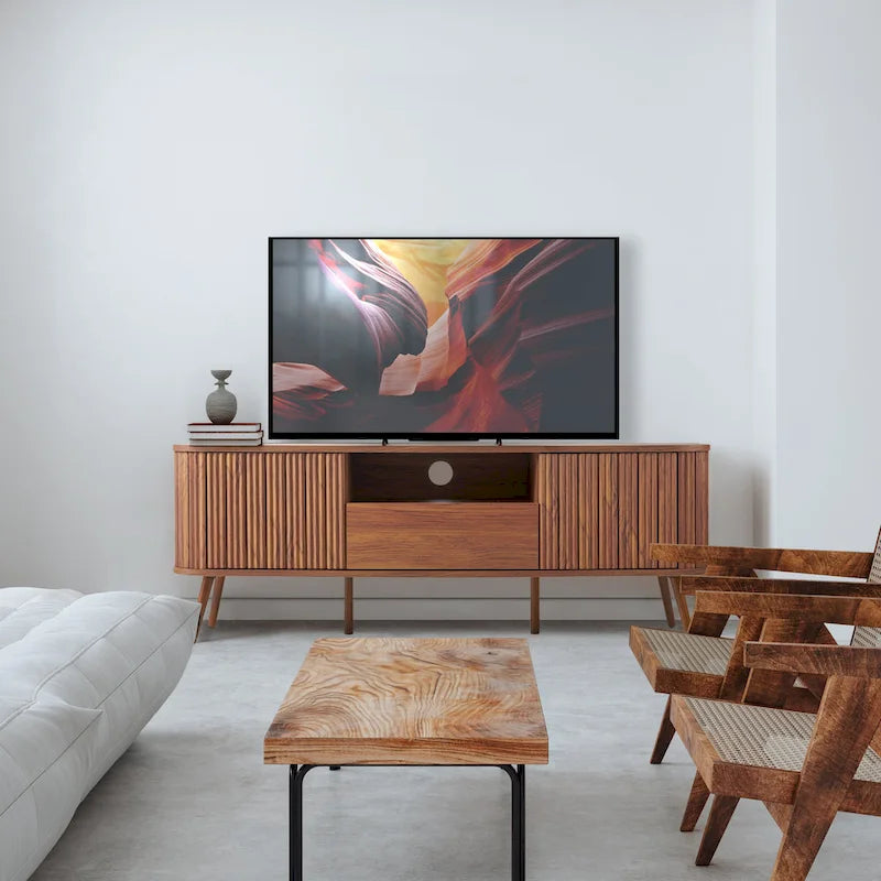 Meuble TV incurvé de ferme Finley de 178 cm avec tiroir et portes de rangement, compatible avec les téléviseurs jusqu'à 190,5 cm, avec gestion des câbles, par JONATHAN Y