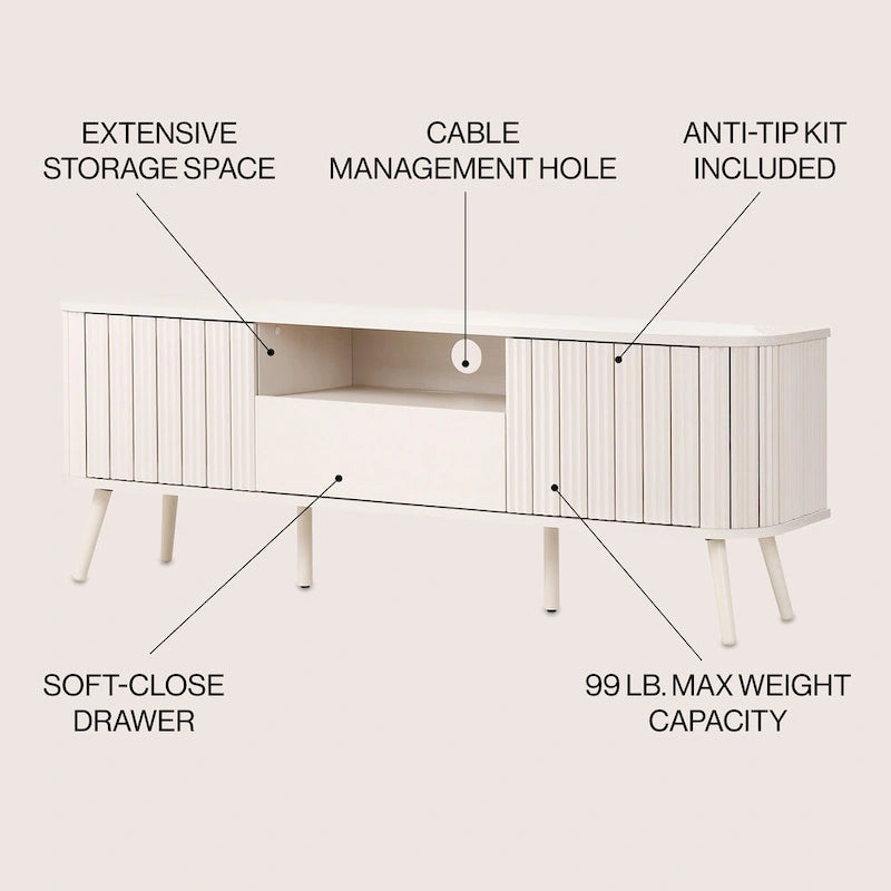 Meuble TV incurvé de ferme Finley de 178 cm avec tiroir et portes de rangement, compatible avec les téléviseurs jusqu'à 190,5 cm, avec gestion des câbles, par JONATHAN Y