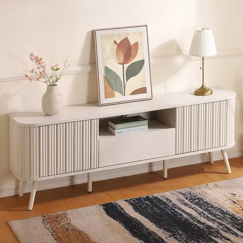 Meuble TV incurvé de ferme Finley de 178 cm avec tiroir et portes de rangement, compatible avec les téléviseurs jusqu'à 190,5 cm, avec gestion des câbles, par JONATHAN Y