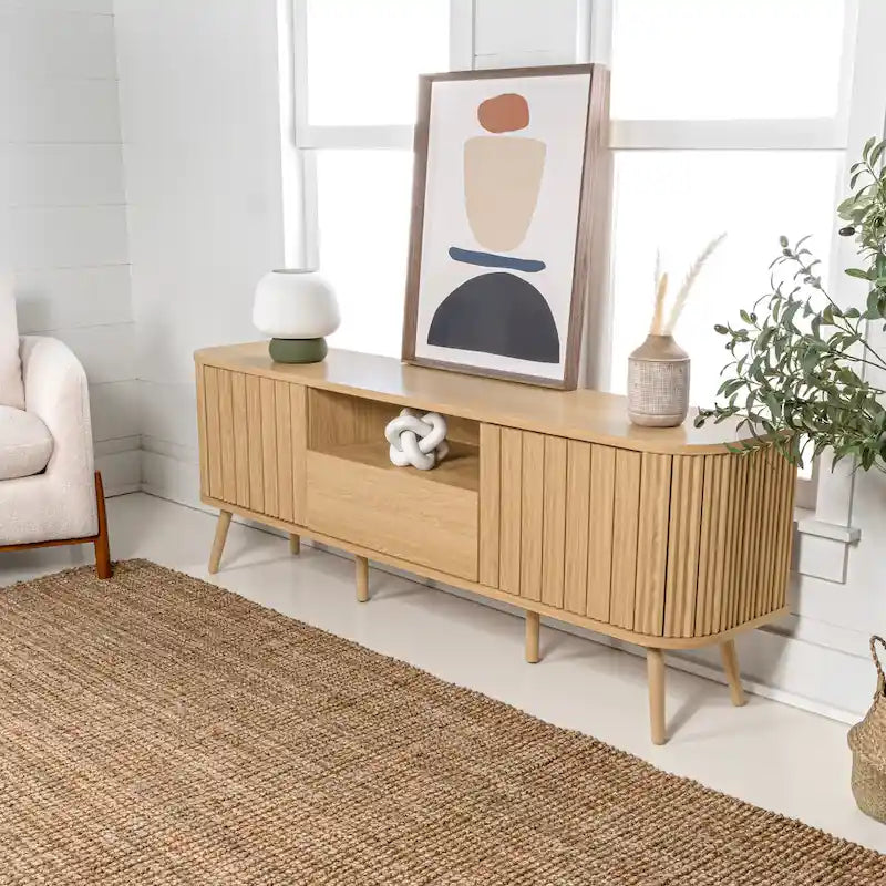 Meuble TV incurvé de ferme Finley de 178 cm avec tiroir et portes de rangement, compatible avec les téléviseurs jusqu'à 190,5 cm, avec gestion des câbles, par JONATHAN Y