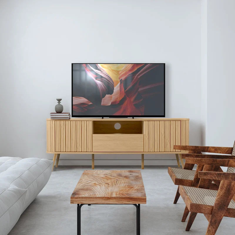 Meuble TV incurvé de ferme Finley de 178 cm avec tiroir et portes de rangement, compatible avec les téléviseurs jusqu'à 190,5 cm, avec gestion des câbles, par JONATHAN Y
