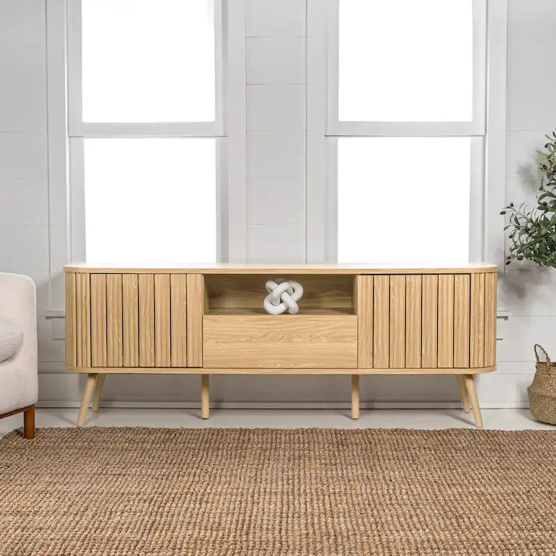 Meuble TV incurvé de ferme Finley de 178 cm avec tiroir et portes de rangement, compatible avec les téléviseurs jusqu'à 190,5 cm, avec gestion des câbles, par JONATHAN Y
