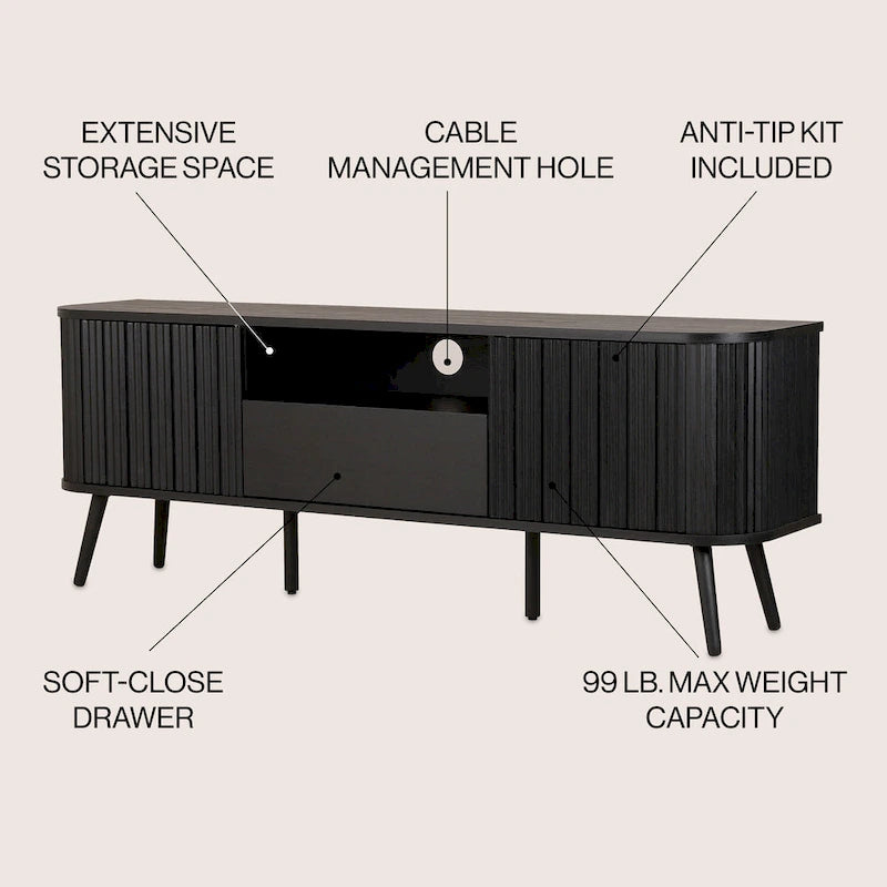 Meuble TV incurvé de ferme Finley de 178 cm avec tiroir et portes de rangement, compatible avec les téléviseurs jusqu'à 190,5 cm, avec gestion des câbles, par JONATHAN Y
