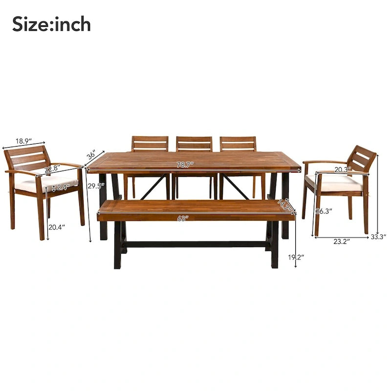 Ensemble de salle à manger d'extérieur 7 pièces en bois avec coussins amovibles et table plus épaisse