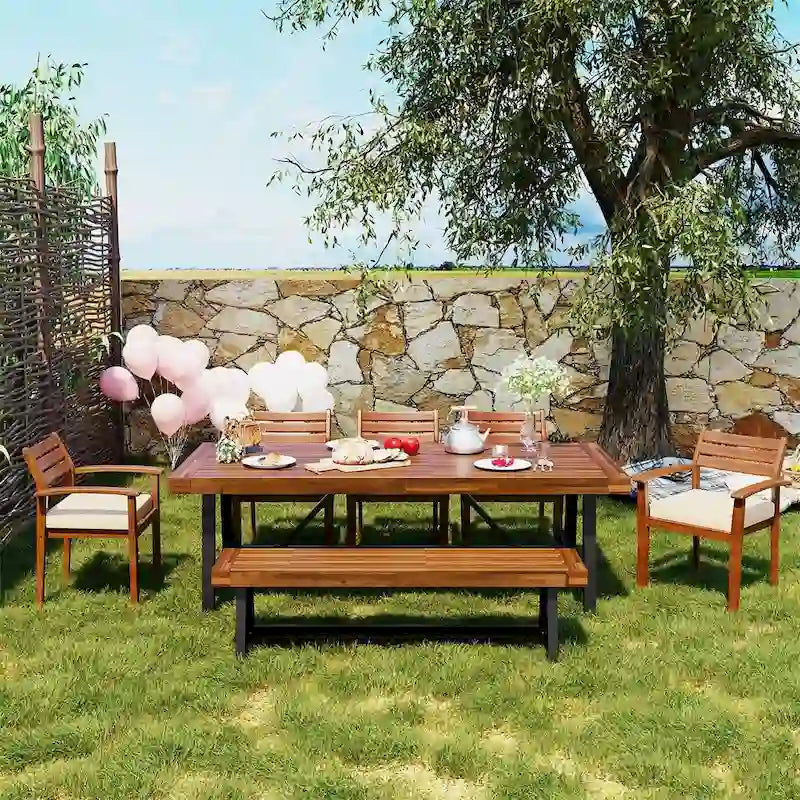 Ensemble de salle à manger d'extérieur 7 pièces en bois avec coussins amovibles et table plus épaisse
