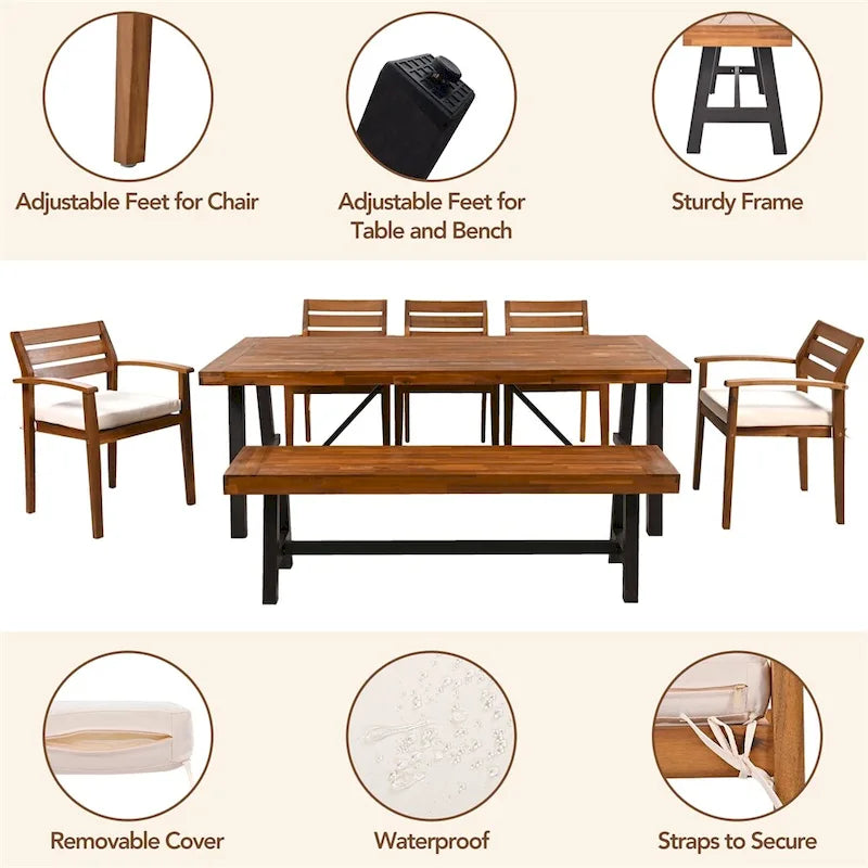Ensemble de salle à manger d'extérieur 7 pièces en bois avec coussins amovibles et table plus épaisse