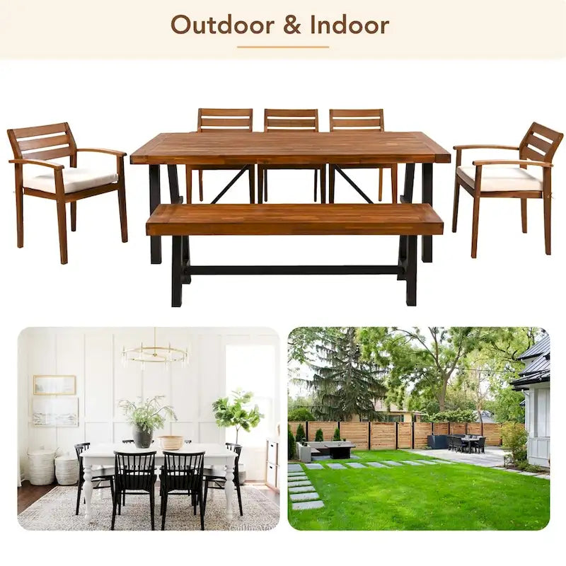 Ensemble de salle à manger d'extérieur 7 pièces en bois avec coussins amovibles et table plus épaisse