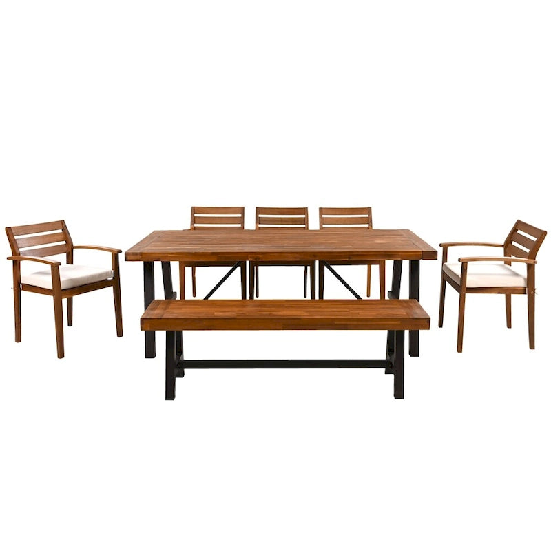 Ensemble de salle à manger d'extérieur 7 pièces en bois avec coussins amovibles et table plus épaisse