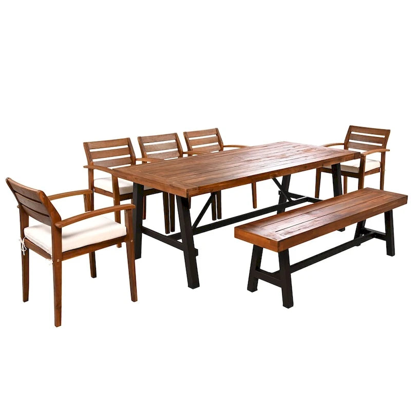 Ensemble de salle à manger d'extérieur 7 pièces en bois avec coussins amovibles et table plus épaisse