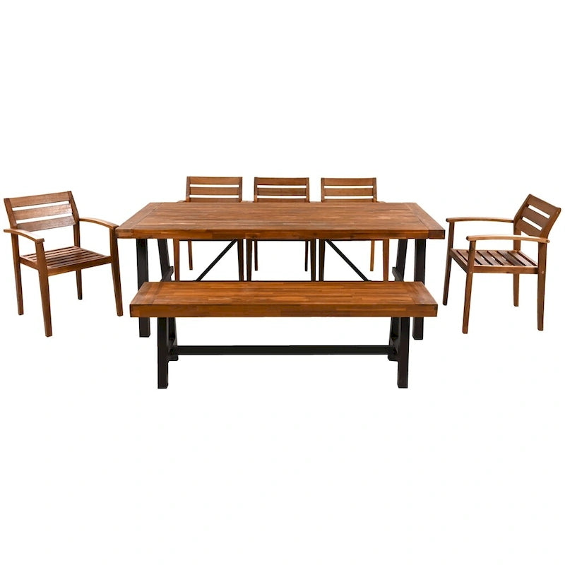 Ensemble de salle à manger d'extérieur 7 pièces en bois avec coussins amovibles et table plus épaisse