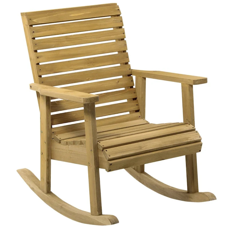 Chaise à bascule traditionnelle en bois à lattes, avec accoudoirs et dossier haut, pour l'extérieur