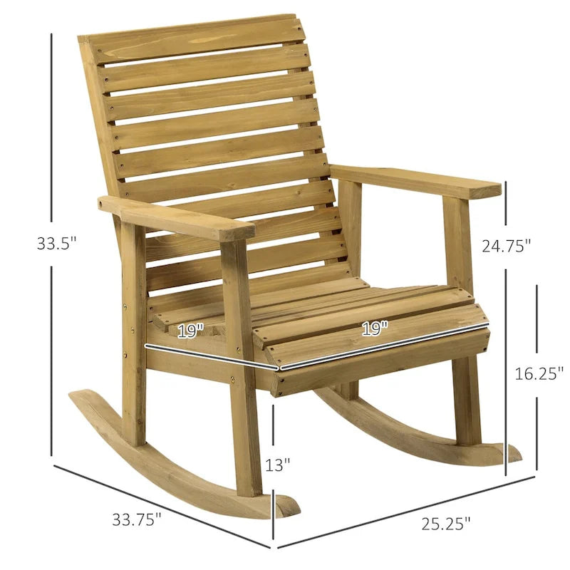 Chaise à bascule traditionnelle en bois à lattes, avec accoudoirs et dossier haut, pour l'extérieur