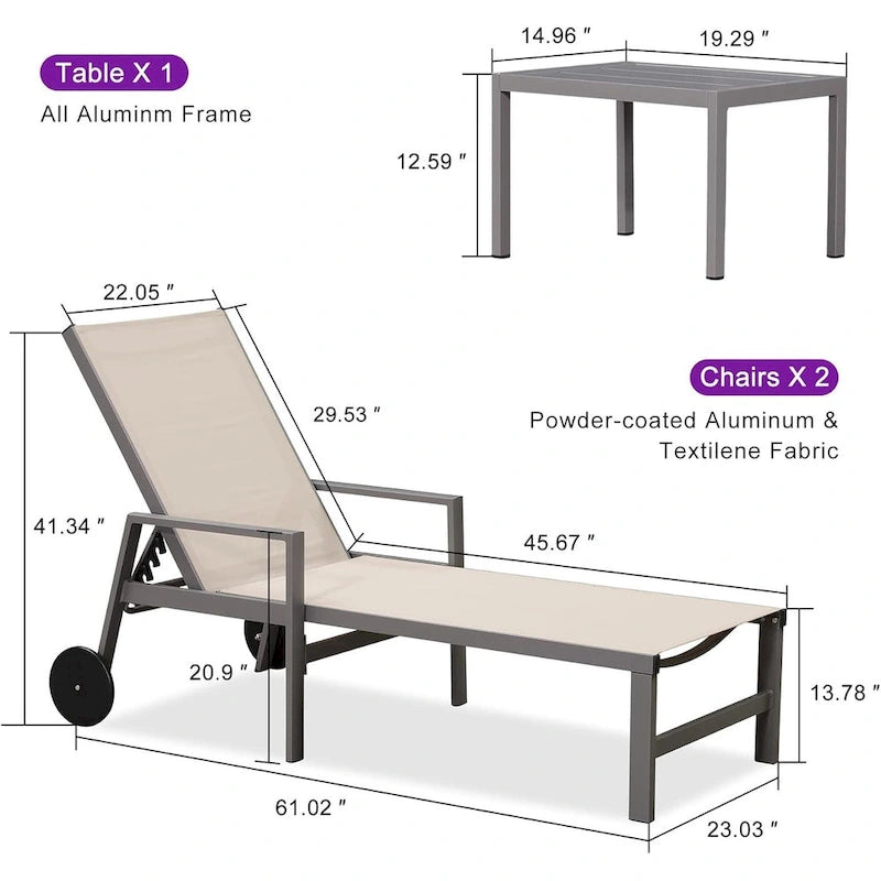 PURPLE LEAF Chaise longue d'extérieur, lot de 2, en aluminium, avec roues faciles à déplacer et dossier réglable