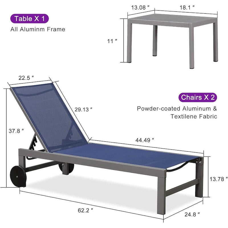 PURPLE LEAF Chaise longue d'extérieur, lot de 2, en aluminium, avec roues faciles à déplacer et dossier réglable