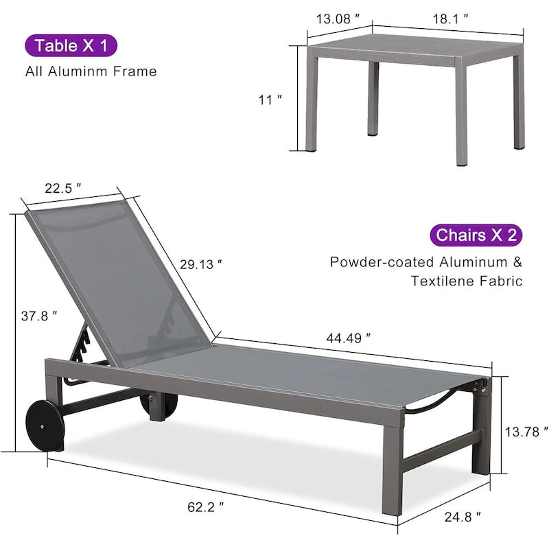 PURPLE LEAF Chaise longue d'extérieur, lot de 2, en aluminium, avec roues faciles à déplacer et dossier réglable