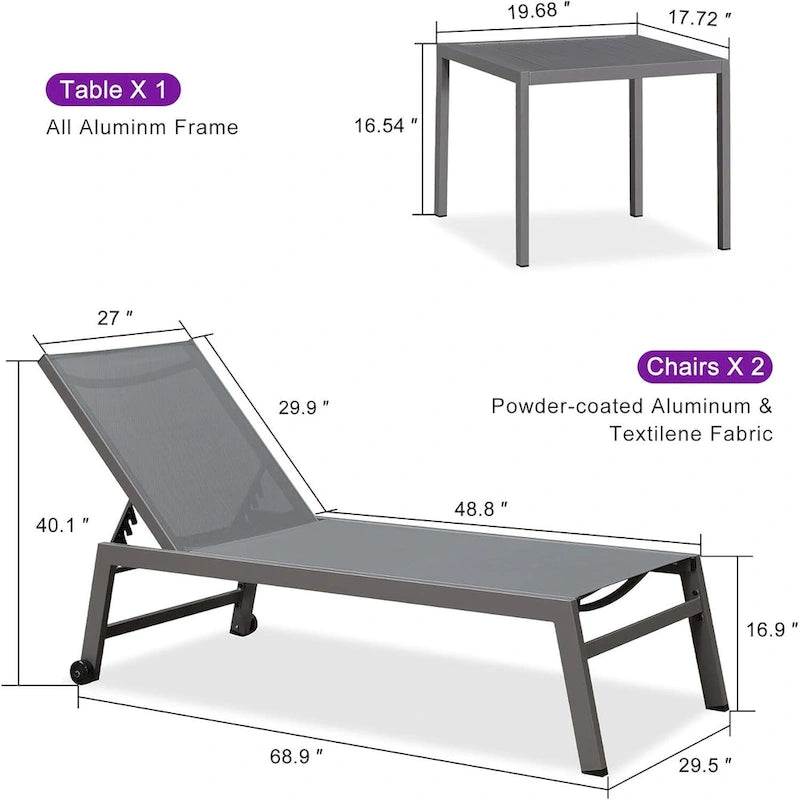 PURPLE LEAF Chaise longue d'extérieur, lot de 2, en aluminium, avec roues faciles à déplacer et dossier réglable