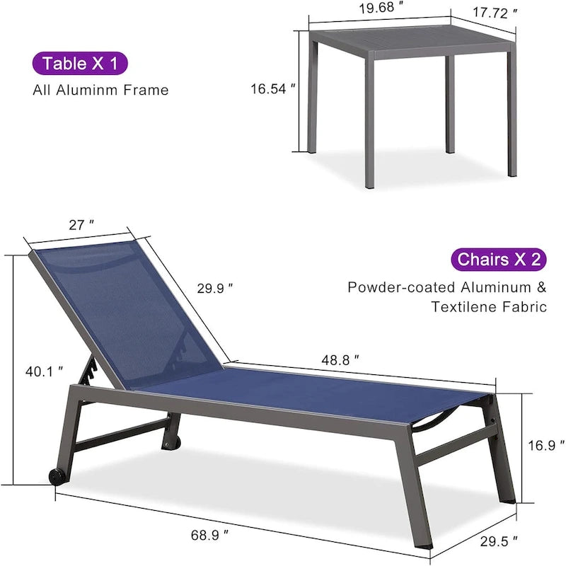 PURPLE LEAF Chaise longue d'extérieur, lot de 2, en aluminium, avec roues faciles à déplacer et dossier réglable