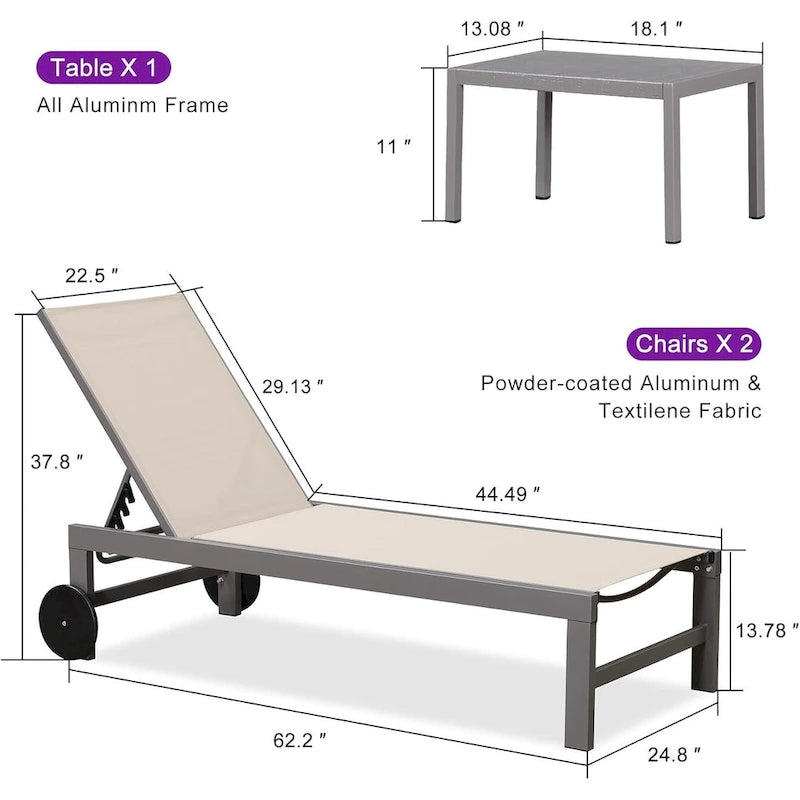 PURPLE LEAF Chaise longue d'extérieur, lot de 2, en aluminium, avec roues faciles à déplacer et dossier réglable