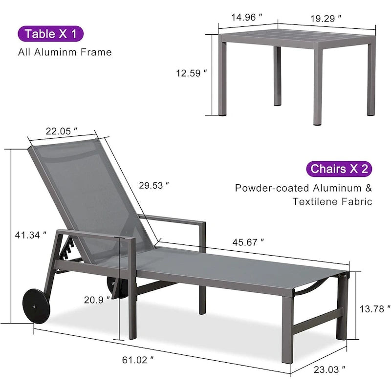 PURPLE LEAF Chaise longue d'extérieur, lot de 2, en aluminium, avec roues faciles à déplacer et dossier réglable