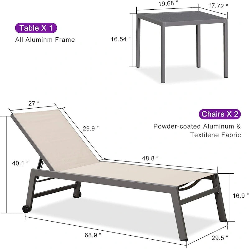 PURPLE LEAF Chaise longue d'extérieur, lot de 2, en aluminium, avec roues faciles à déplacer et dossier réglable