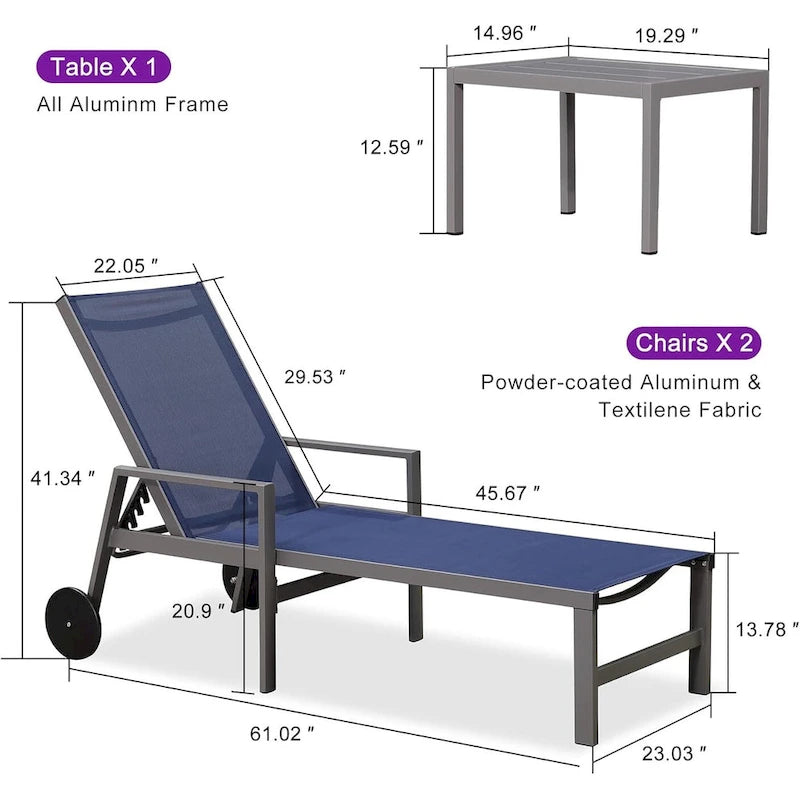 PURPLE LEAF Chaise longue d'extérieur, lot de 2, en aluminium, avec roues faciles à déplacer et dossier réglable