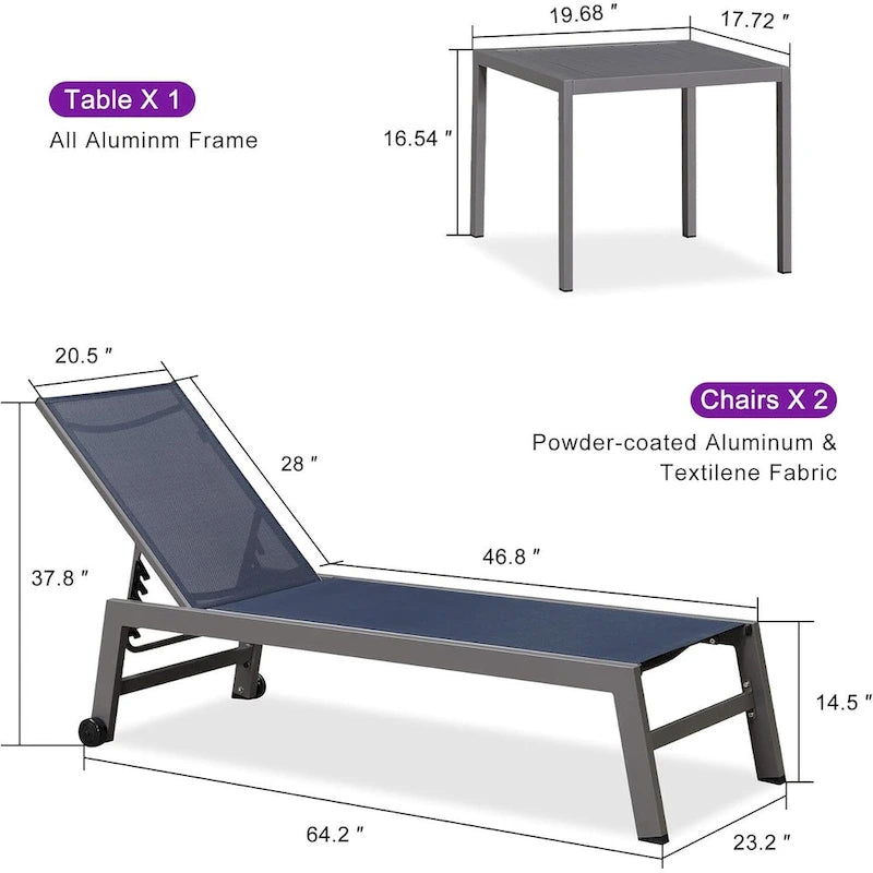 PURPLE LEAF Chaise longue d'extérieur, lot de 2, en aluminium, avec roues faciles à déplacer et dossier réglable