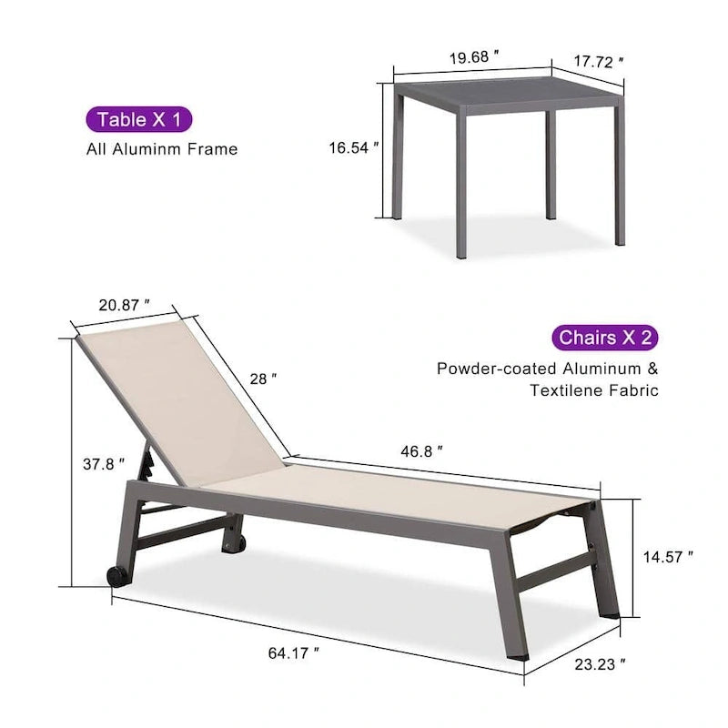 PURPLE LEAF Chaise longue d'extérieur, lot de 2, en aluminium, avec roues faciles à déplacer et dossier réglable
