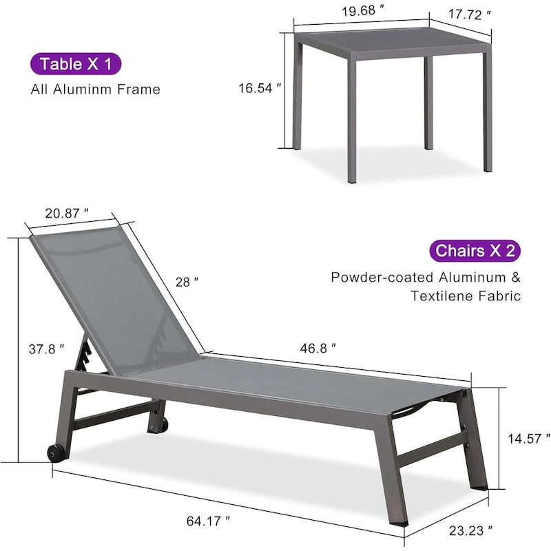 PURPLE LEAF Chaise longue d'extérieur, lot de 2, en aluminium, avec roues faciles à déplacer et dossier réglable