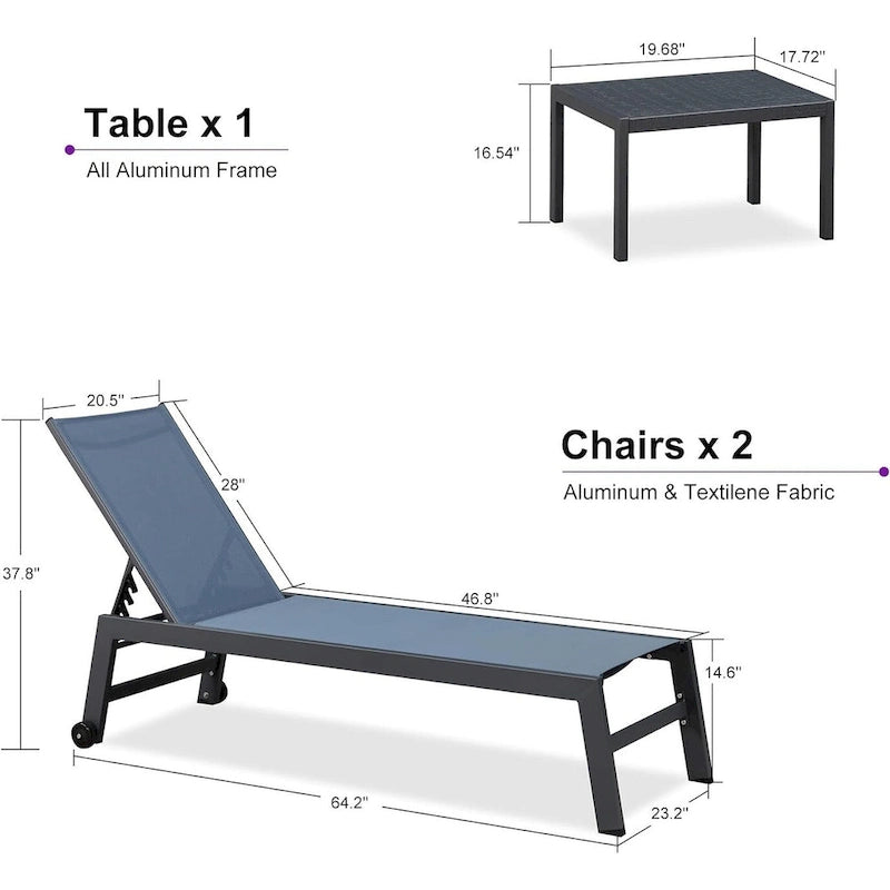 PURPLE LEAF Chaise longue d'extérieur, lot de 2, en aluminium, avec roues faciles à déplacer et dossier réglable