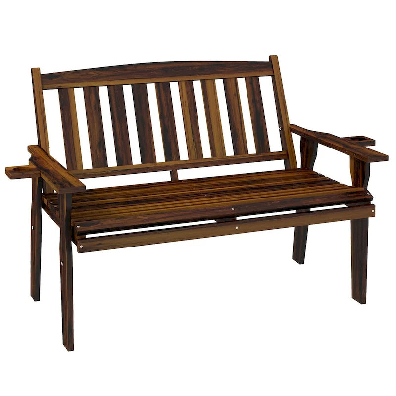 Banc d'extérieur en bois Outsunny avec accoudoirs porte-gobelets, assise à lattes