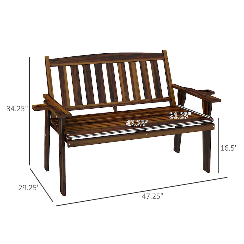 Banc d'extérieur en bois Outsunny avec accoudoirs porte-gobelets, assise à lattes
