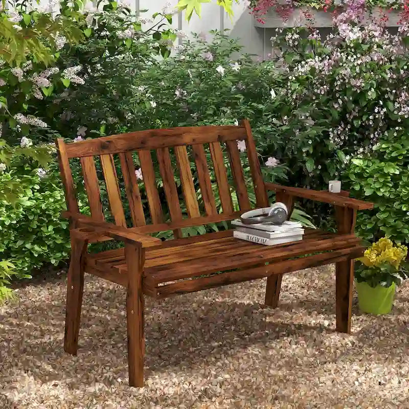 Banc d'extérieur en bois Outsunny avec accoudoirs porte-gobelets, assise à lattes