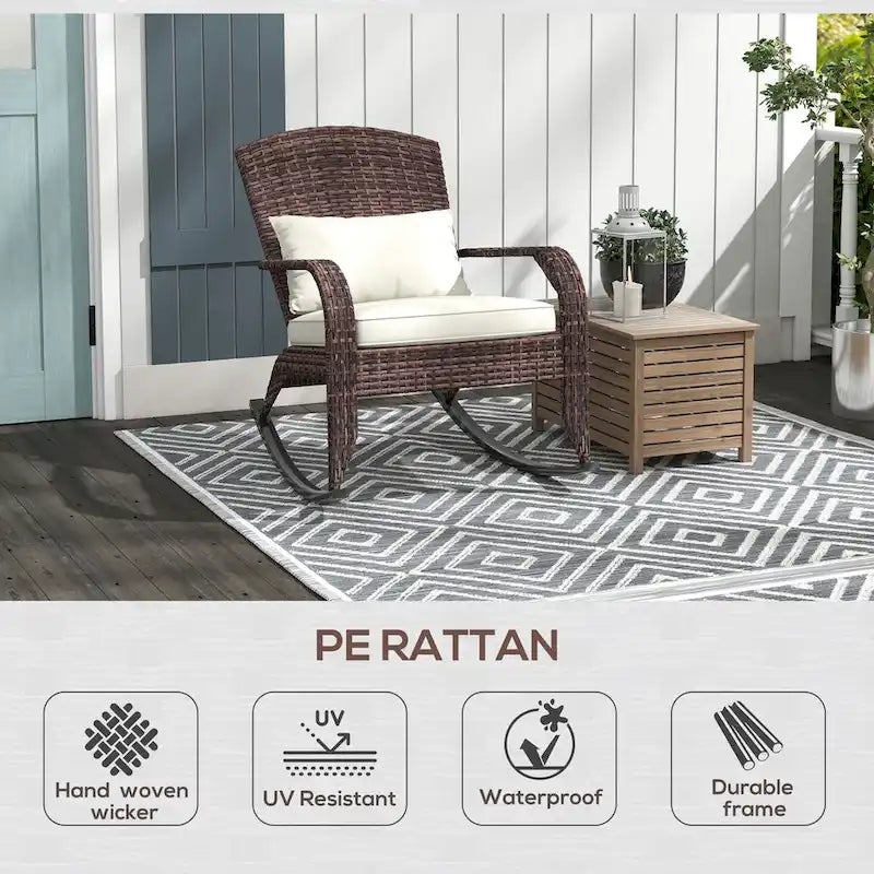 Fauteuil à bascule Adirondack en osier d'extérieur, fauteuil à bascule de patio avec dossier haut, coussin d'assise et oreiller