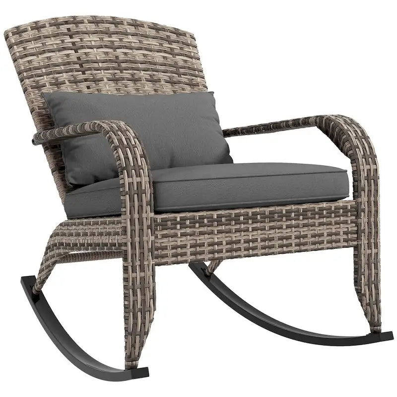 Fauteuil à bascule Adirondack en osier d'extérieur, fauteuil à bascule de patio avec dossier haut, coussin d'assise et oreiller