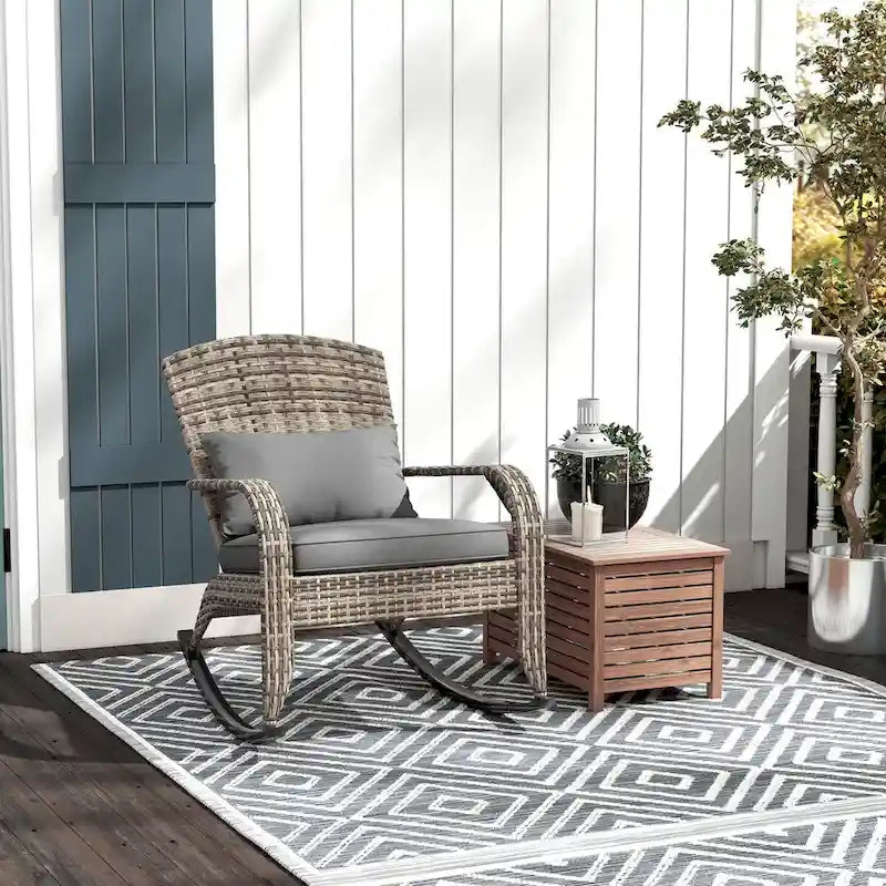 Fauteuil à bascule Adirondack en osier d'extérieur, fauteuil à bascule de patio avec dossier haut, coussin d'assise et oreiller