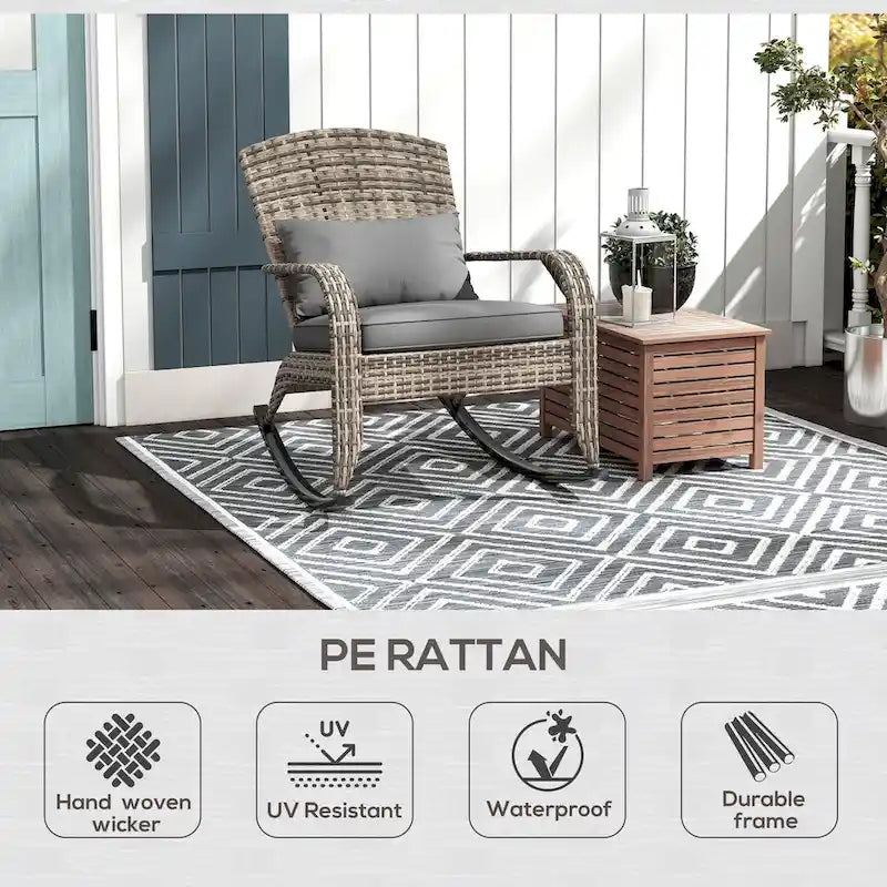 Fauteuil à bascule Adirondack en osier d'extérieur, fauteuil à bascule de patio avec dossier haut, coussin d'assise et oreiller