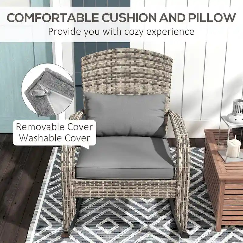 Fauteuil à bascule Adirondack en osier d'extérieur, fauteuil à bascule de patio avec dossier haut, coussin d'assise et oreiller