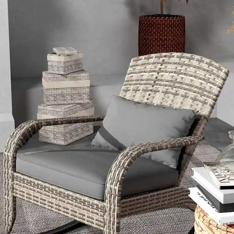 Fauteuil à bascule Adirondack en osier d'extérieur, fauteuil à bascule de patio avec dossier haut, coussin d'assise et oreiller