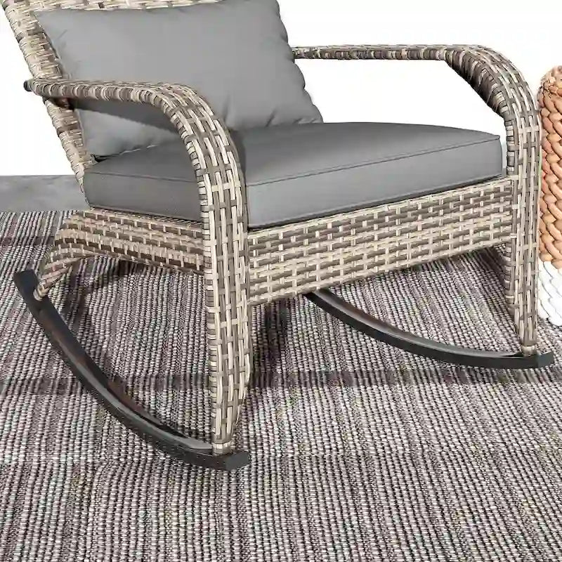 Fauteuil à bascule Adirondack en osier d'extérieur, fauteuil à bascule de patio avec dossier haut, coussin d'assise et oreiller