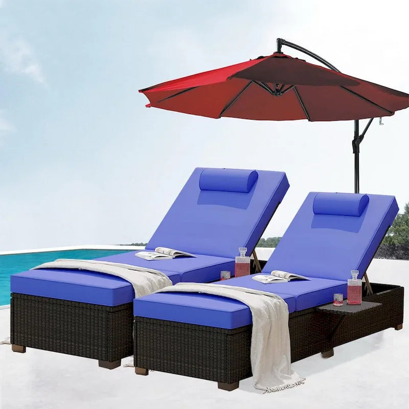 PE Rattan Chaise Lounge Chair Set of 2, 2.3 in Thicken Cushion