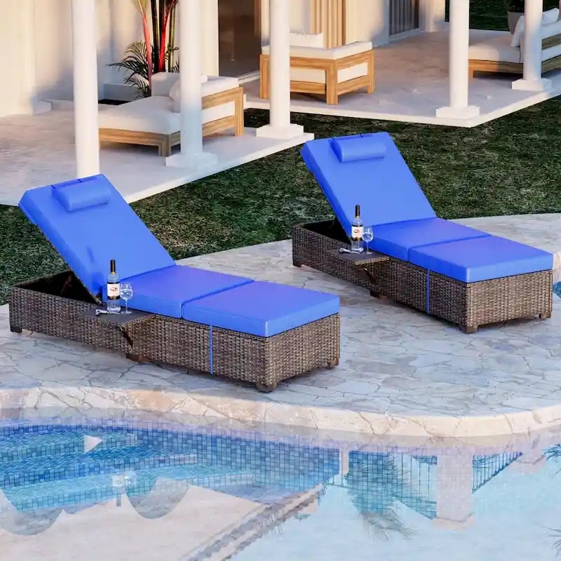 Lot de 2 chaises longues en rotin PE avec coussin épais de 6 cm