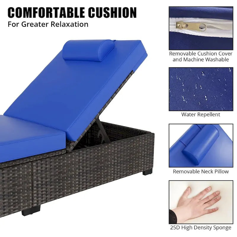 Lot de 2 chaises longues en rotin PE avec coussin épais de 6 cm