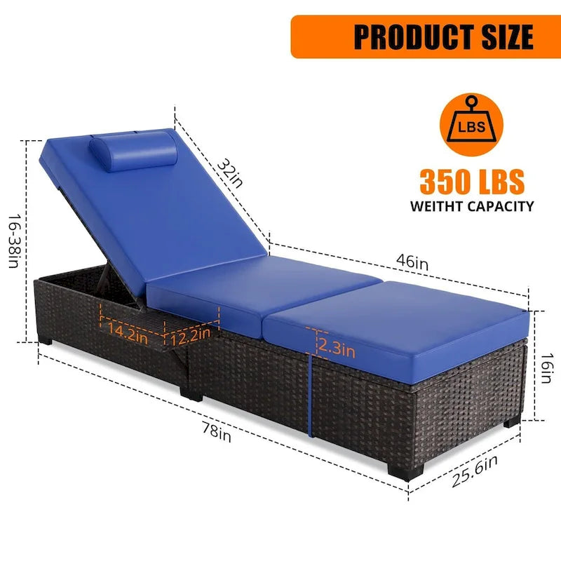 Lot de 2 chaises longues en rotin PE avec coussin épais de 6 cm