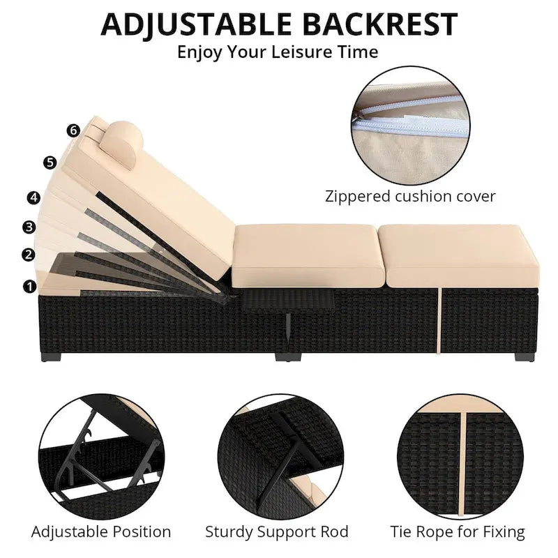 Lot de 2 chaises longues en rotin PE avec coussin épais de 6 cm