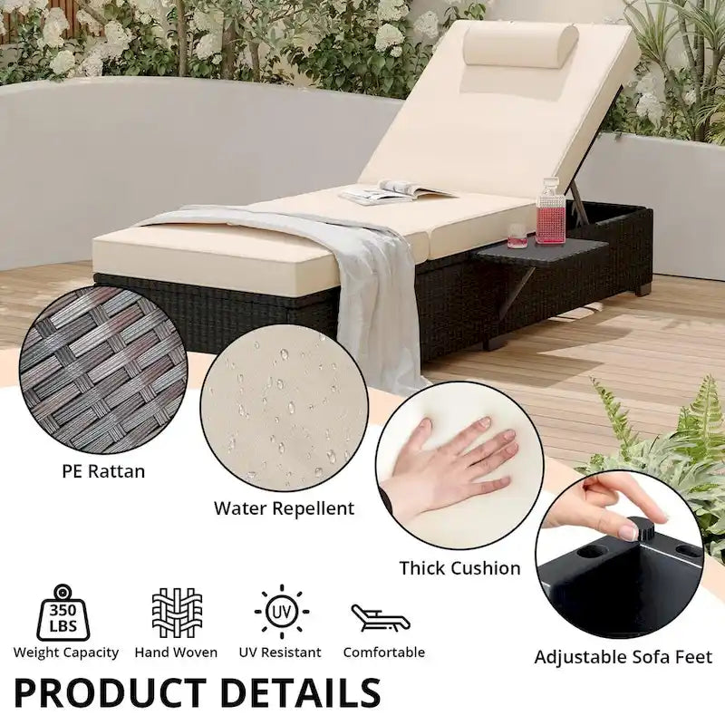 Lot de 2 chaises longues en rotin PE avec coussin épais de 6 cm