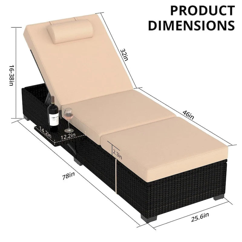 Lot de 2 chaises longues en rotin PE avec coussin épais de 6 cm