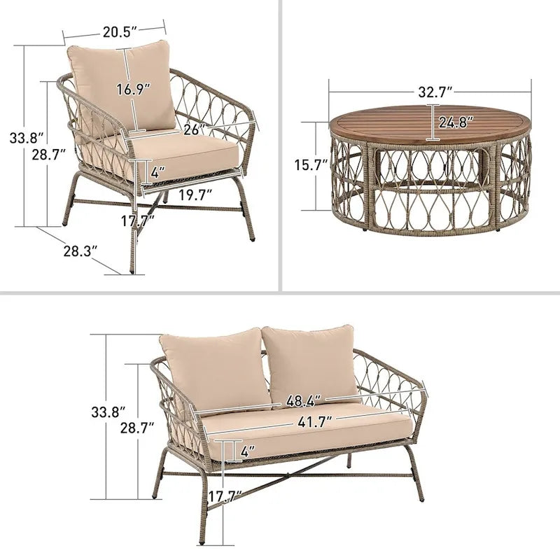 Ensemble de canapé d'extérieur 4 pièces avec coussins amovibles et plateau de table en bois