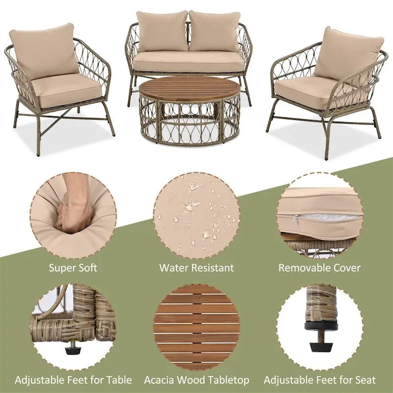 Ensemble de canapé d'extérieur 4 pièces avec coussins amovibles et plateau de table en bois